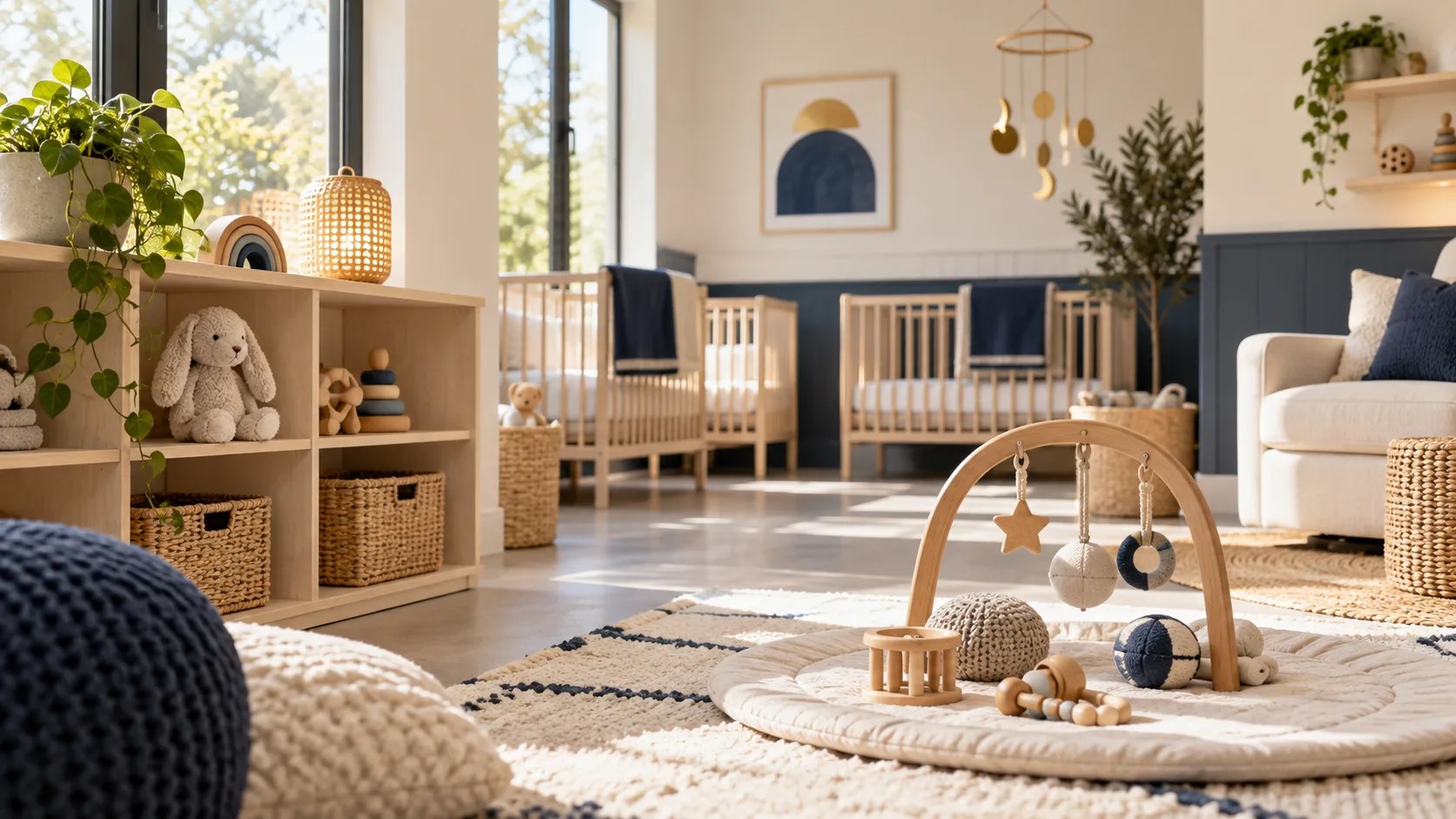 Infant playing safely in a bright daycare classroom